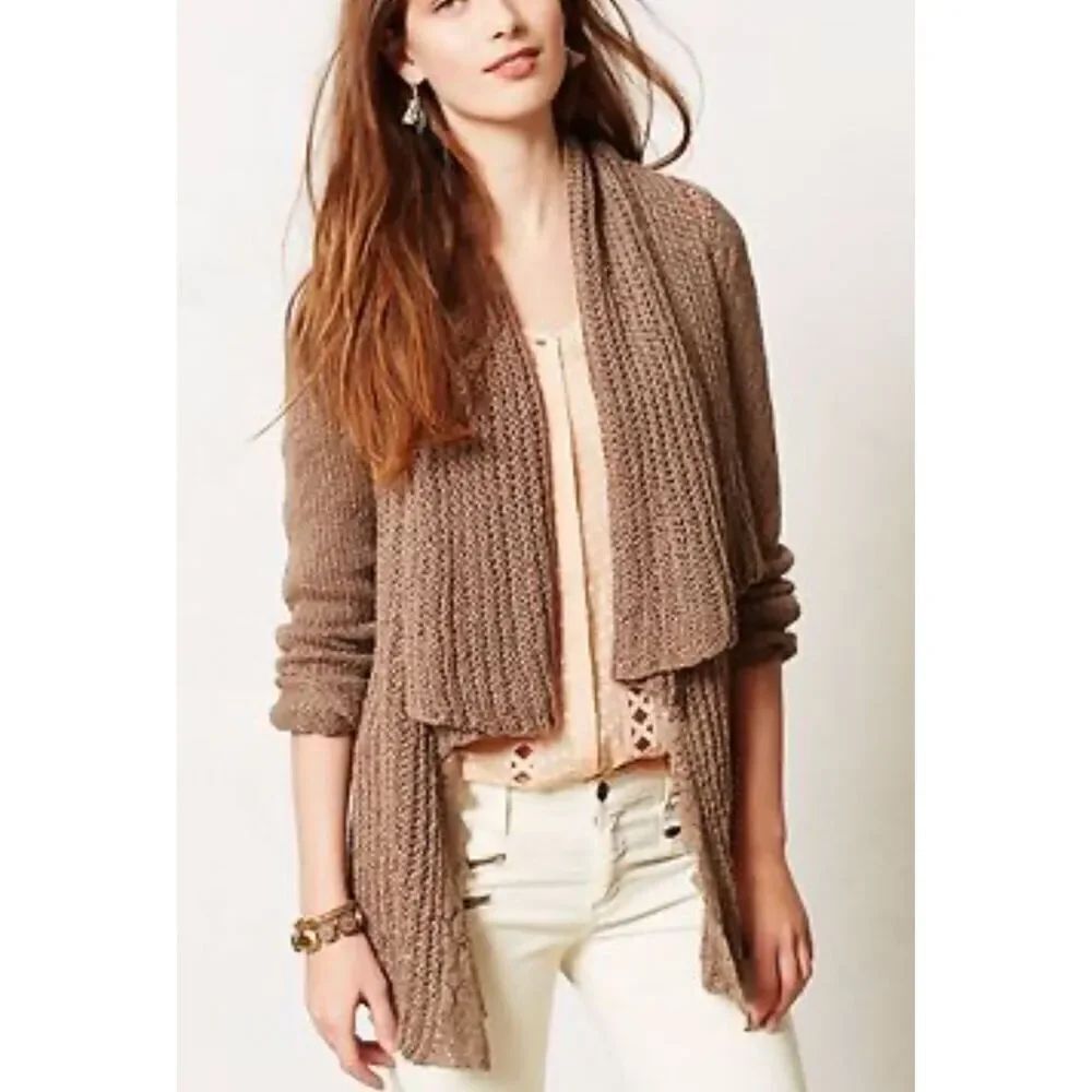 Knitted & Knotted ANTHROPOLOGIE Sirretta brown LACE TRIM Open Cardigan SWEATER s